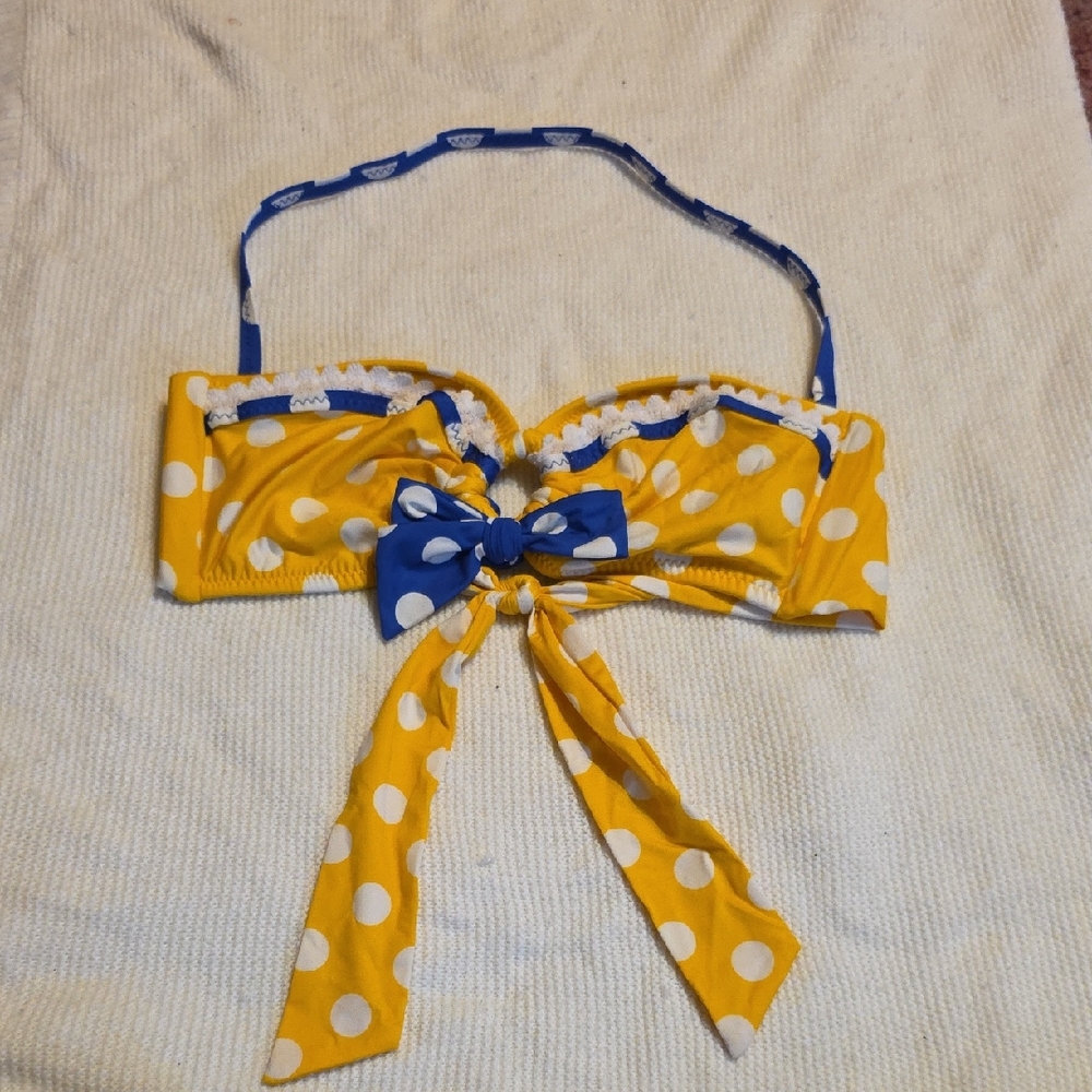 Betsey Johnson Yellow Polka Dot Bikini Top with Blue Bow